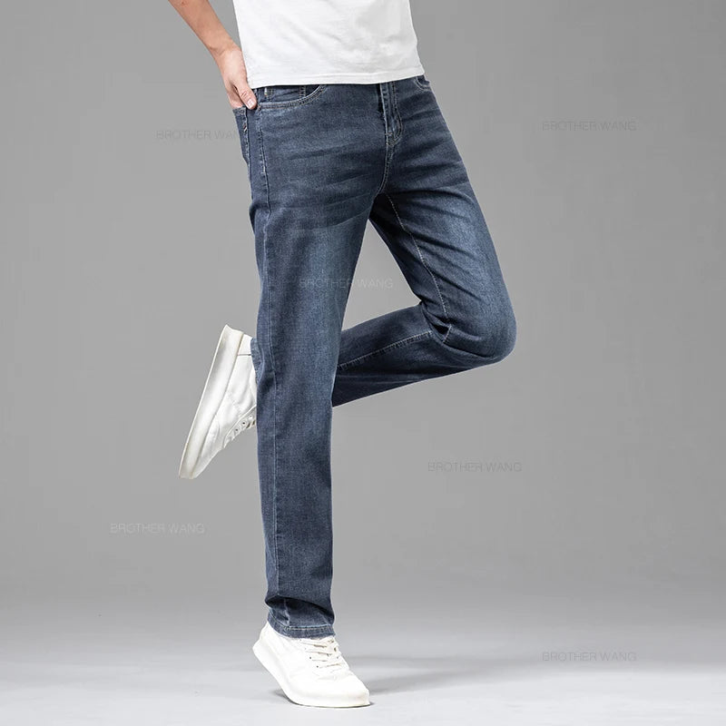 2024 Summer Thin Men's Elastic Cotton Jeans Fashion Gray Comfortable Business Straight Casual Pants High Quality Brand Trousers Sr Aflha 