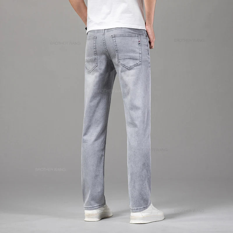 2024 Summer Thin Men's Elastic Cotton Jeans Fashion Gray Comfortable Business Straight Casual Pants High Quality Brand Trousers Sr Aflha 