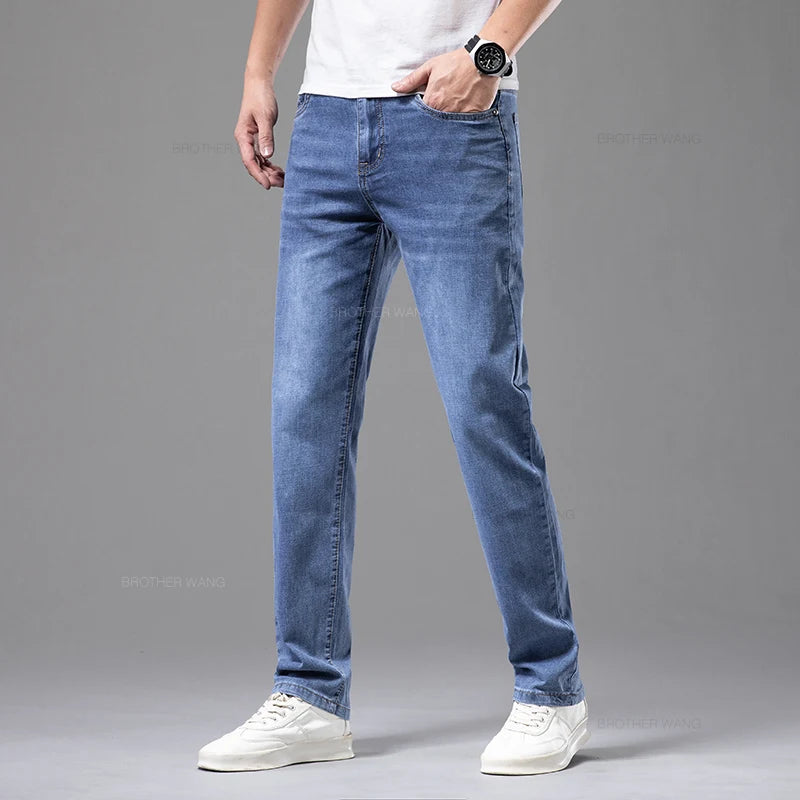 2024 Summer Thin Men's Elastic Cotton Jeans Fashion Gray Comfortable Business Straight Casual Pants High Quality Brand Trousers Sr Aflha 