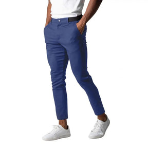 Men Trousers Solid Color Pants Elegant Men's Slim Fit Business Pants with Elastic Waist Button Closure Pockets Soft for Work Sr Aflha XL Dark Blue 